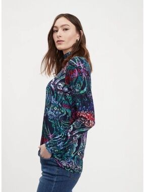 FDJ Paisley Mock-Neck Long Sleeve Top in Teal Multi size XL